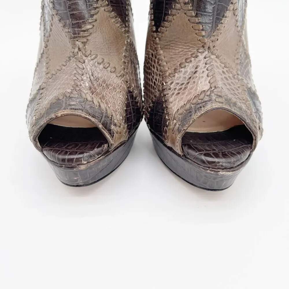 Prada Taupe Brown Mixed Croc Snakeskin Embossed Patchwork Peep Toe Booties IT 38
